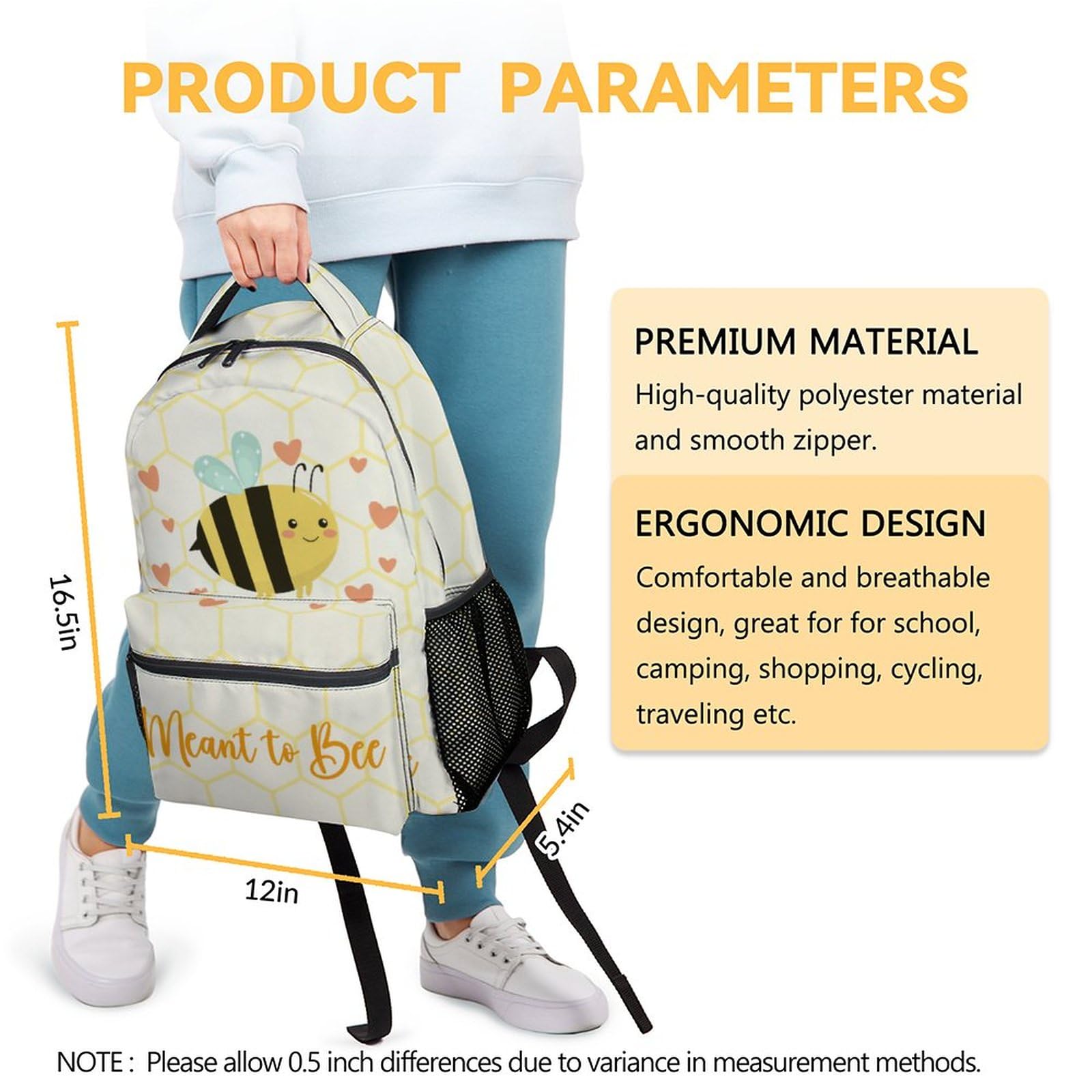 KNOWPHST Bee Backpack for Girls Boys, 16 Inch Cute Backpack for School, Yellow, Large Capacity, Durable, Lightweight Bookbag for Kids Travel