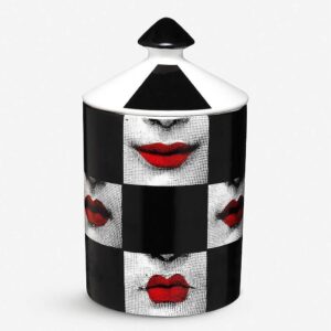 alphadesignluxe decorative candle holder handcrafted aromatherapy candle jar italian designer décor fashionable tabletop vase modern art female face eyes lips centerpiece. (red lips black squares)