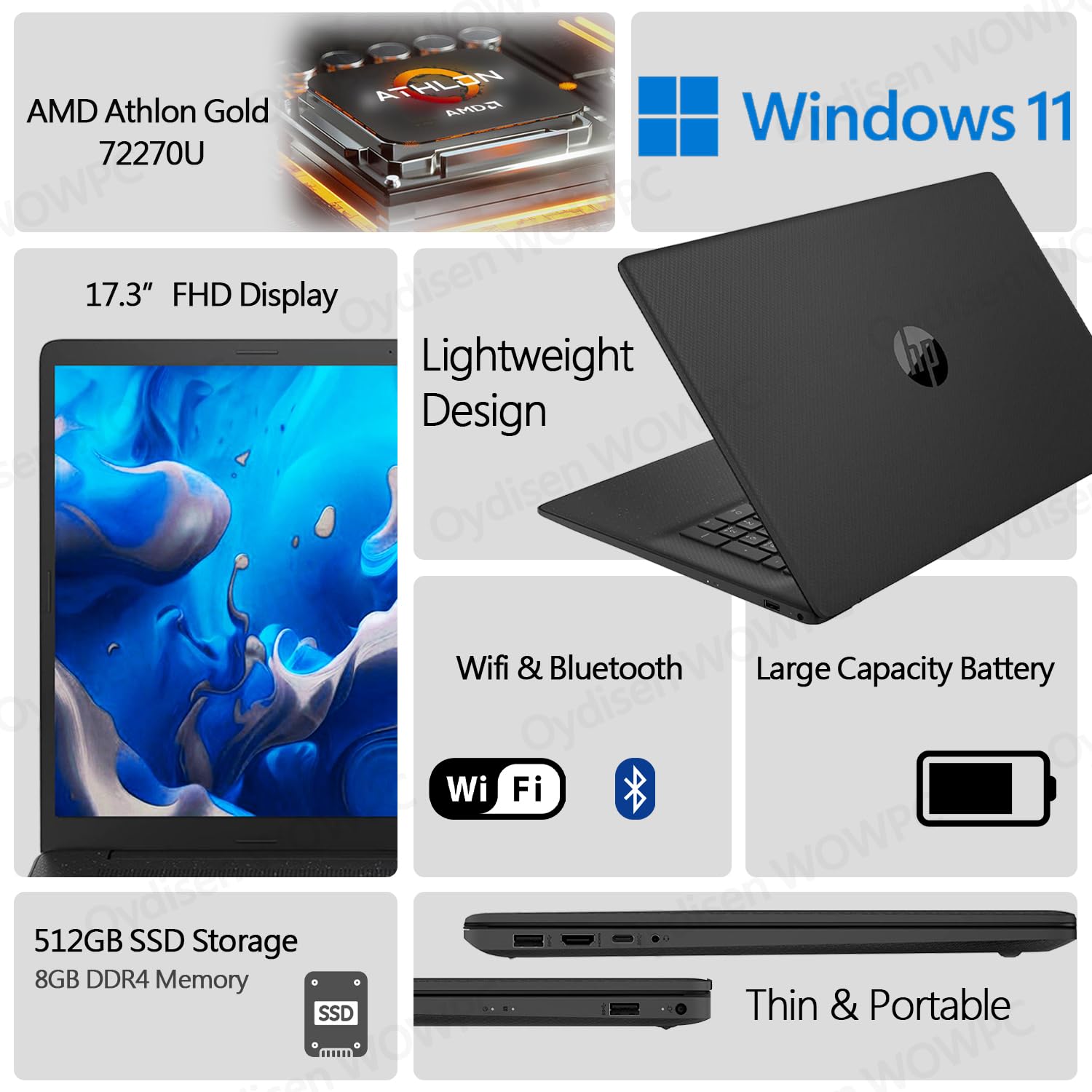 HP 17 Laptop, 512GB SSD Storage, 8GB DDR5 Memory, AMD Athlon Gold 7220U Processor, 17" HD+ Anti-Glare Display, Full-Size Keyboard, Wi-Fi & Bluetooth, HDMI, Fast Charge, Windows 11 Home