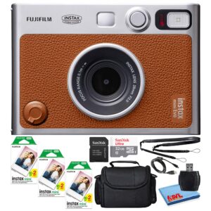 fujifilm instax mini evo hybrid instant film camera (brown) (16812534) bundle with 60 instant film sheets + 32gb memory card + small padded case + sd card reader + microfiber cleaning cloth