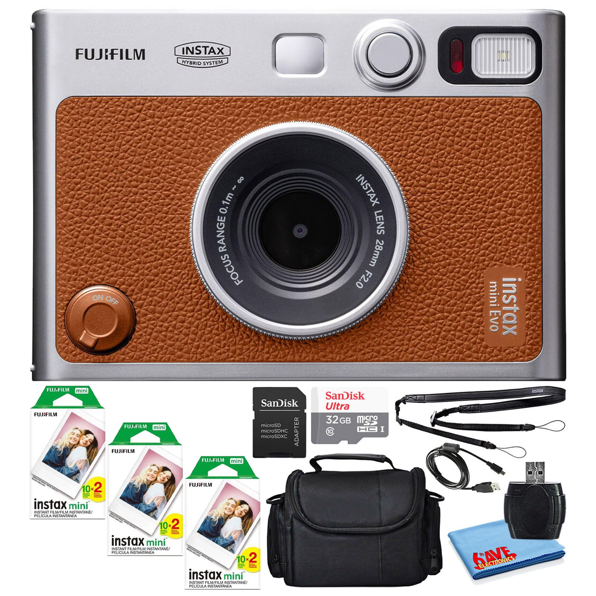 Fujifilm Instax Mini EVO Hybrid Instant Film Camera (Brown) (16812534) Bundle with 60 Instant Film Sheets + 32GB Memory Card + Small Padded Case + SD Card Reader + Microfiber Cleaning Cloth