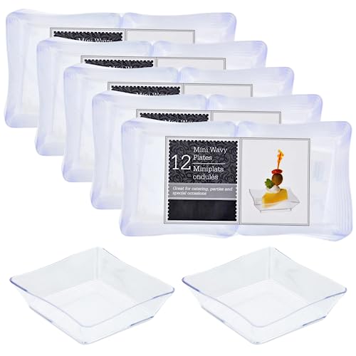 ACHED Clear Plastic Mini Wavy Square Plates - 5 Sets (12-ct. packs) - Elegant Disposable Tableware for Appetizers, Desserts - Ideal for Parties, Weddings, and Events