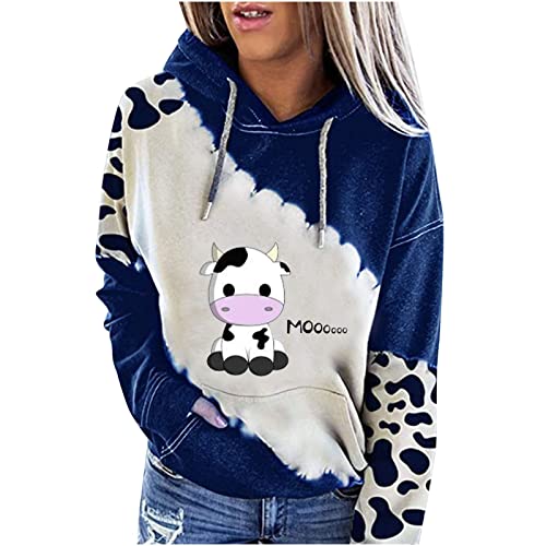 GOFLIC Lightweight Sweatshirts for Women,Teen Girl Cute Cow Sweater Long Sleeve Hoodies Patchwork Drawstring Pullover Tops