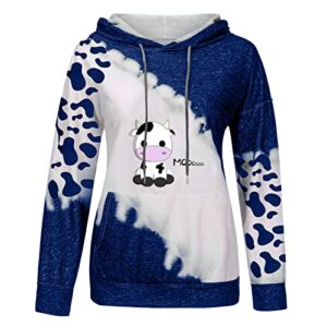 GOFLIC Lightweight Sweatshirts for Women,Teen Girl Cute Cow Sweater Long Sleeve Hoodies Patchwork Drawstring Pullover Tops