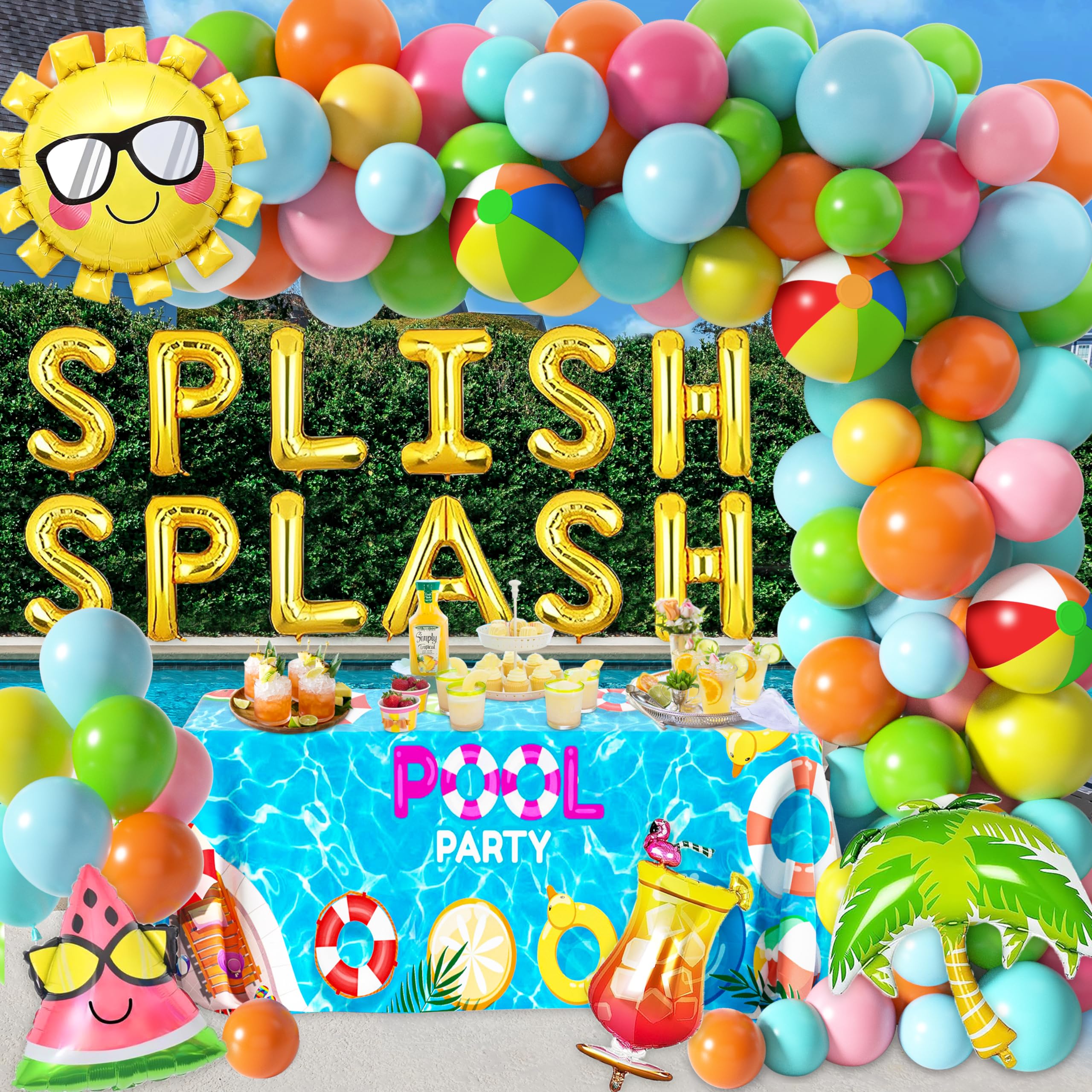 Tropical Hawaiian Luau Splish Splash Balloon Garland Arch Kit 160Pcs, Summer Pool Beach Party Decoration with Beach Ball Foil Balloon for Kids Aloha Pool Birthday Party Supplies (Summer-01)