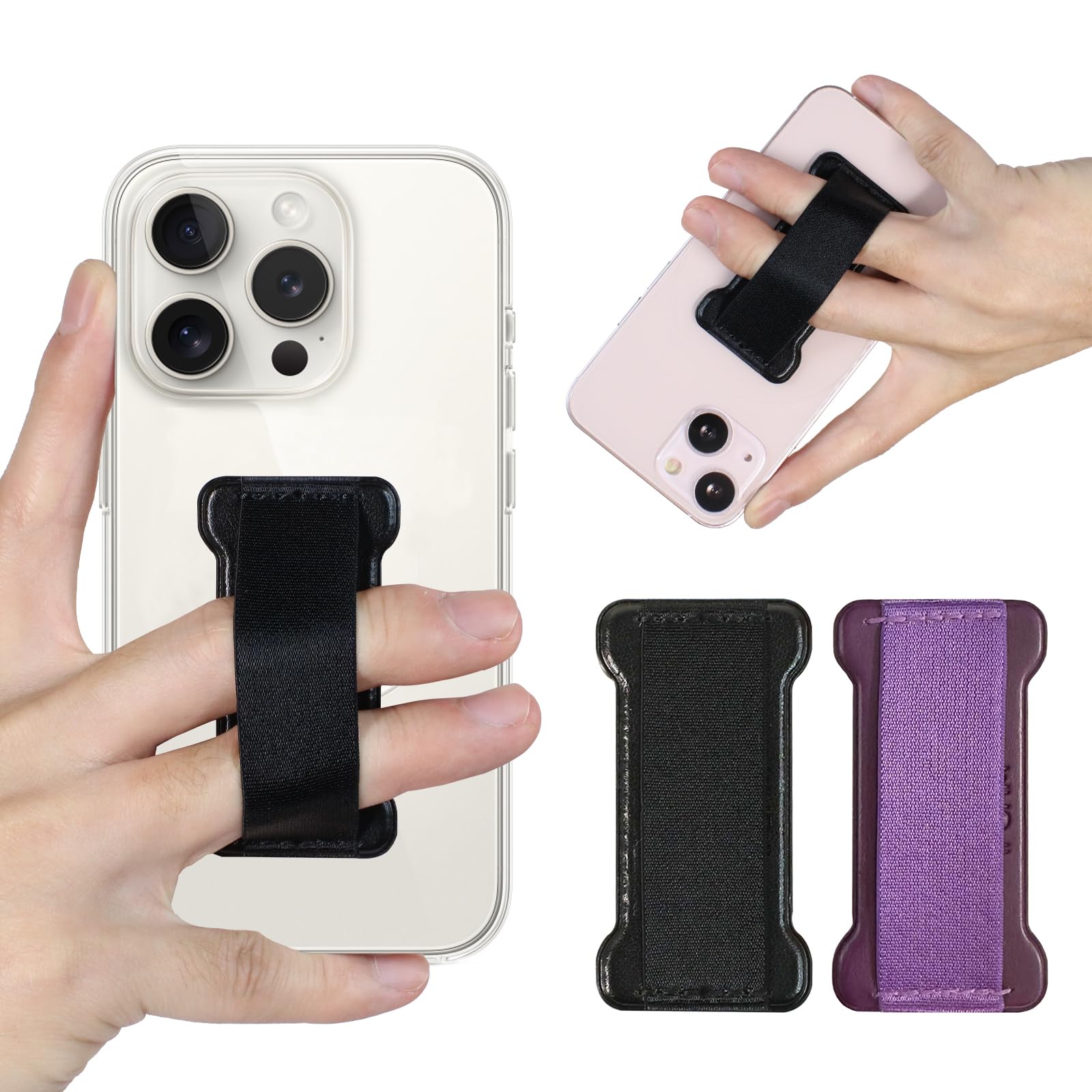 WUOJI Cell Phone Finger Grip Strap Holder for Hand, Finger Strap Phone Holder, New Slim Finger Loop Selfie Grip Compatible with Most Smartphones - 2Pack(Black Darkpurple)