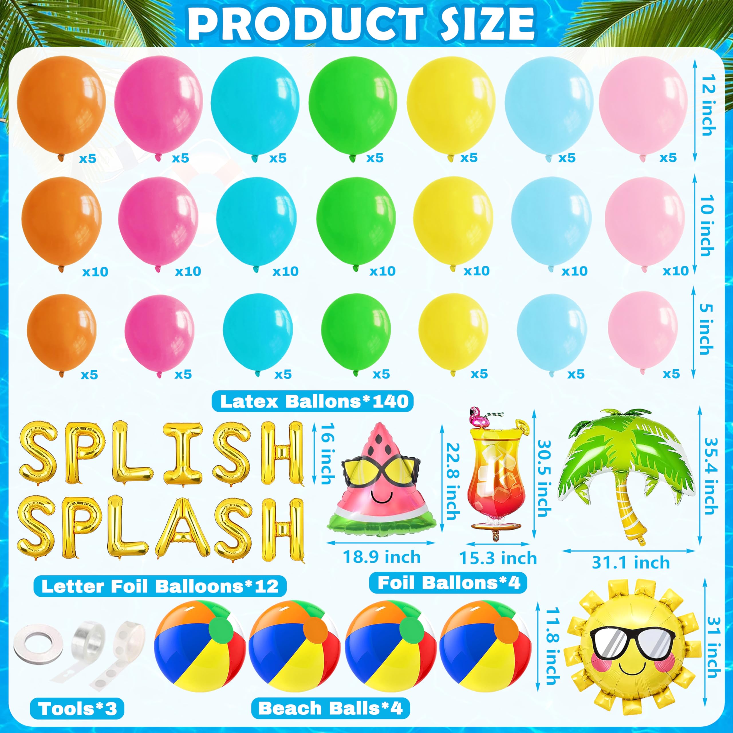 Tropical Hawaiian Luau Splish Splash Balloon Garland Arch Kit 160Pcs, Summer Pool Beach Party Decoration with Beach Ball Foil Balloon for Kids Aloha Pool Birthday Party Supplies (Summer-01)