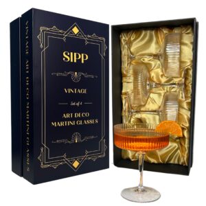 sipp vintage art deco luxury ribbed martini glasses | set of 4 | premium classic crystal cocktail glassware for martini, manhattan, cosmopolitan, sidecar, daiquiri, dessert | 10 oz | mother's day gift