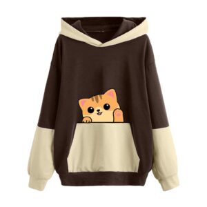 goflic sweatshirts for women trendy,teen girl cute cat print sweatshirt long sleeve hoodies color block hooded fall clothes
