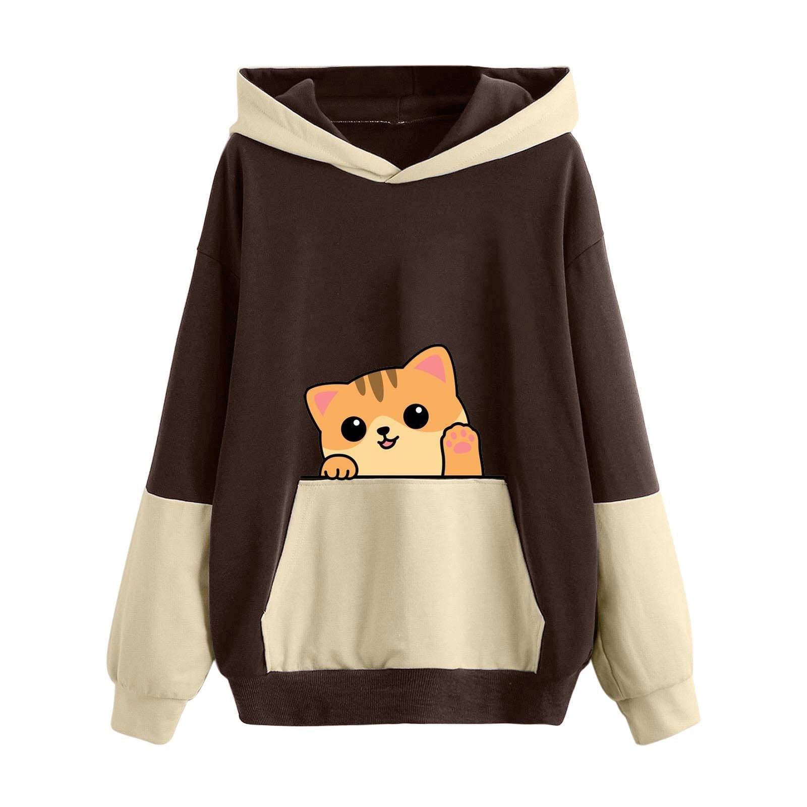 GOFLIC Sweatshirts for Women Trendy,Teen Girl Cute Cat Print Sweatshirt Long Sleeve Hoodies Color Block Hooded Fall Clothes