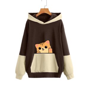 GOFLIC Sweatshirts for Women Trendy,Teen Girl Cute Cat Print Sweatshirt Long Sleeve Hoodies Color Block Hooded Fall Clothes