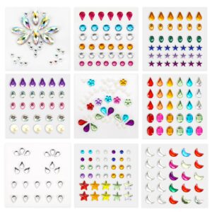 9 sheets face gems stickers, self-adhesive face jewels stickers including stars, flower, drop shape cute face diamonds jewels for makeup, party, festival (pattern 1)