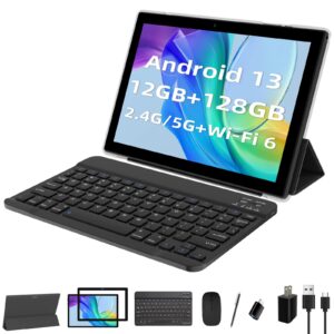 yqsavior android 13 tablet 10 inch, 12gb ram 128gb rom 1tb expand, 2 in 1 computer tablet with keyboard, ips hd screen, 6000mah, 2.4g/5g/wifi 6 bluetooth 5.0 tablet pc with stylus, mouse, black