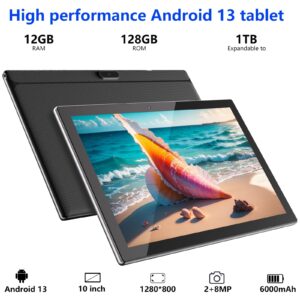 YQSAVIOR Android 13 Tablet 10 Inch, 12GB RAM 128GB ROM 1TB Expand, 2 in 1 Computer Tablet with Keyboard, IPS HD Screen, 6000mAh, 2.4G/5G/WiFi 6 Bluetooth 5.0 Tablet Pc with Stylus, Mouse, Black