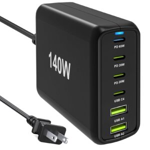 riswojor 140w usb c multiport charger with pps pd65w dual pd20w, fast 6 port usb and usb c charging station, usb c laptop charger for macbook iphone galaxy ipad tablets (black, 140w 4 usb-c & 2 usb-a)