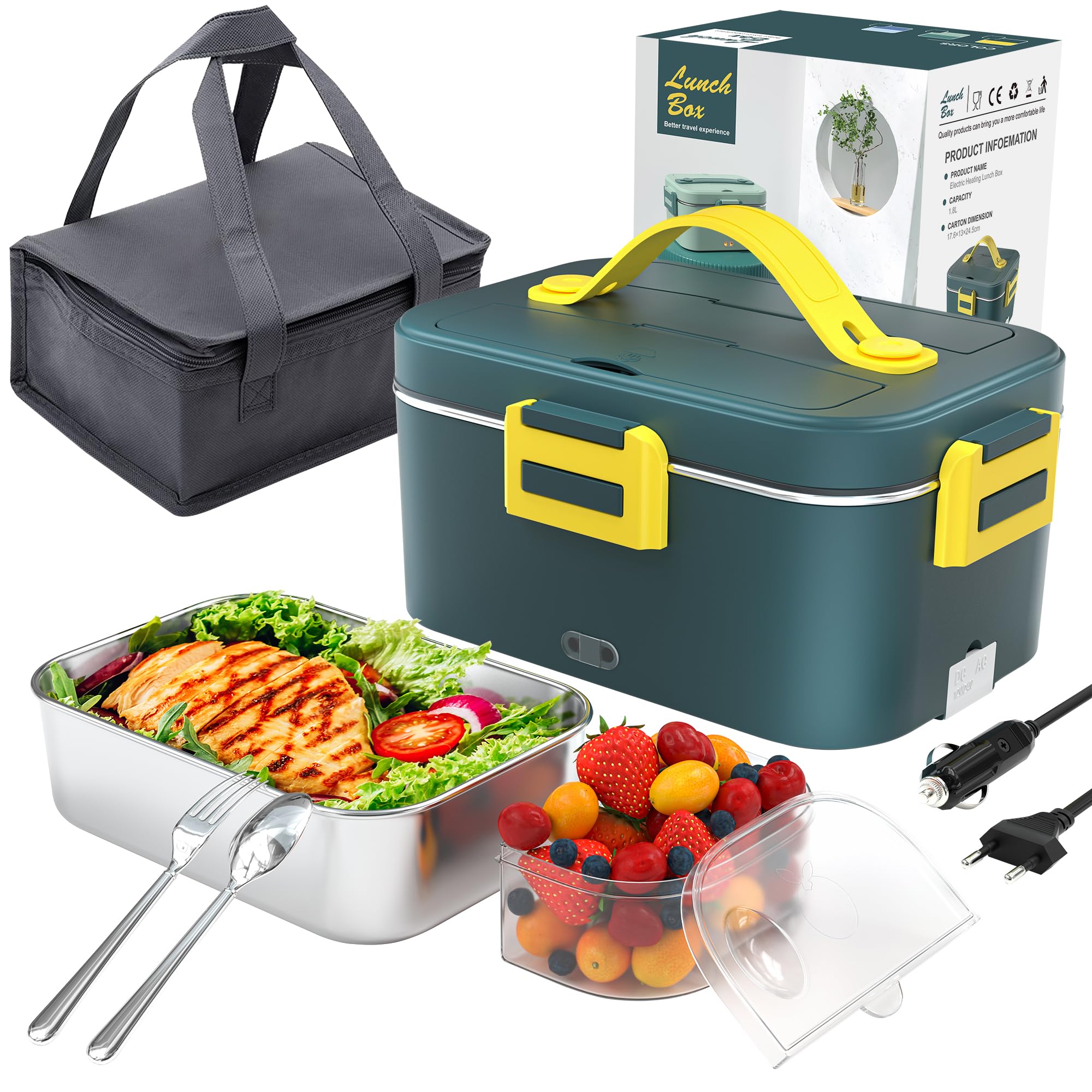 Adocfan Electric Lunch Box 75W 1.8L Food Warmer Heater 12V 24V 110V Faster Heated Lunch Box for Car/Truck/Home Portable Heating Boxes with 304 SS Container Fork & Spoon (Dark green)