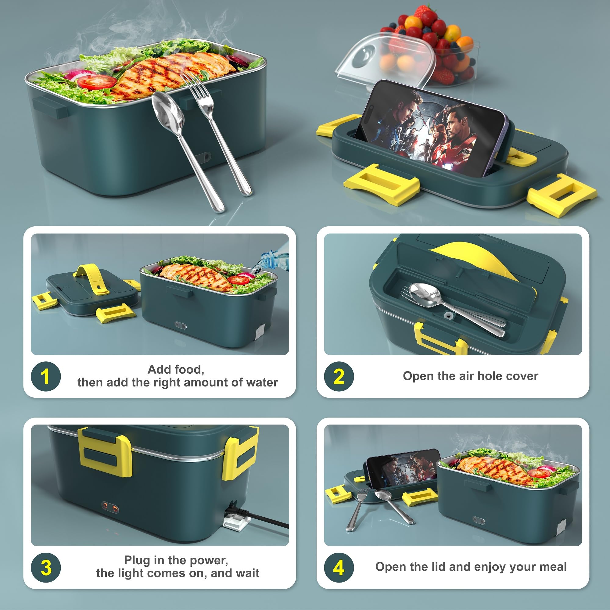 Adocfan Electric Lunch Box 75W 1.8L Food Warmer Heater 12V 24V 110V Faster Heated Lunch Box for Car/Truck/Home Portable Heating Boxes with 304 SS Container Fork & Spoon (Dark green)