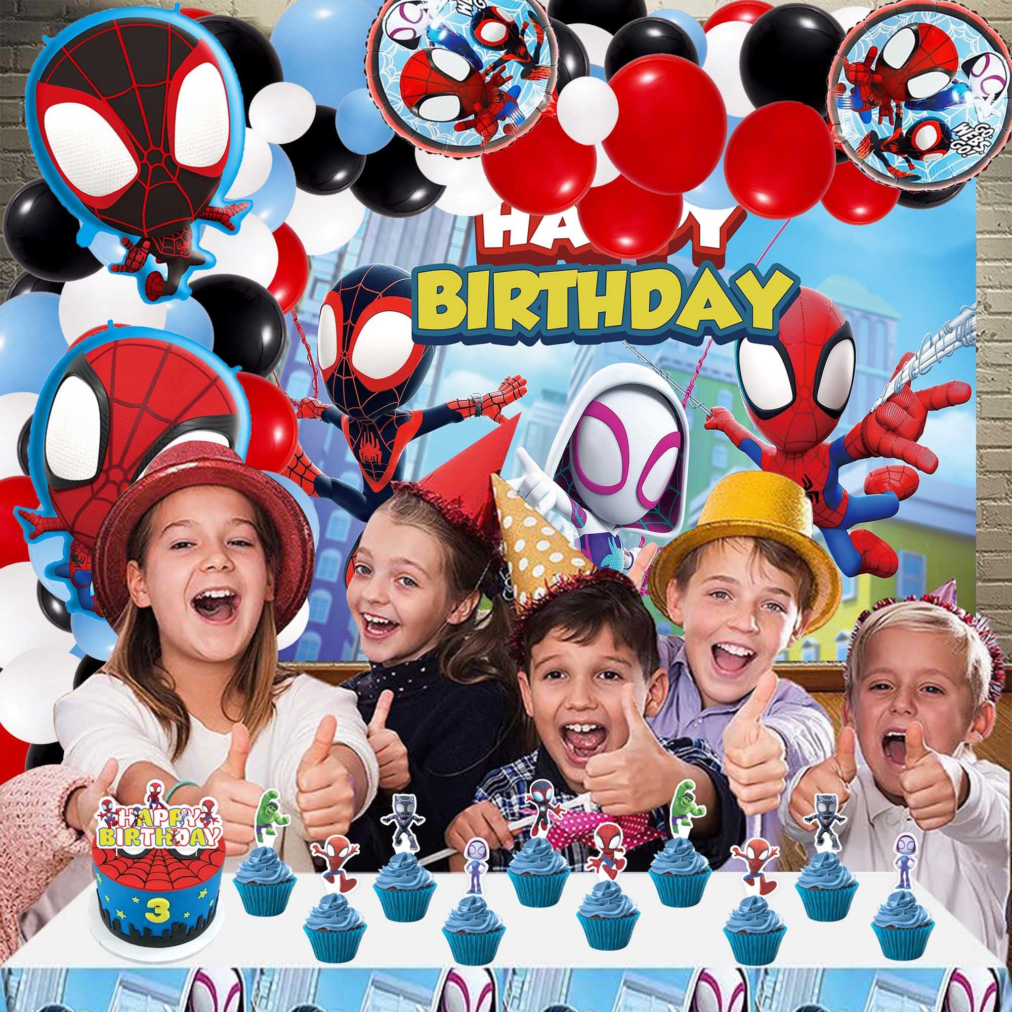 Spidey and His Amazing Friends Birthday Party Supplies, Spidey Party Balloons Garland Arch Kit, Latex Balloons, Backdrop, Tablecloth, Spidey Theme Party Decorations, Spidey Birthday Party Favors