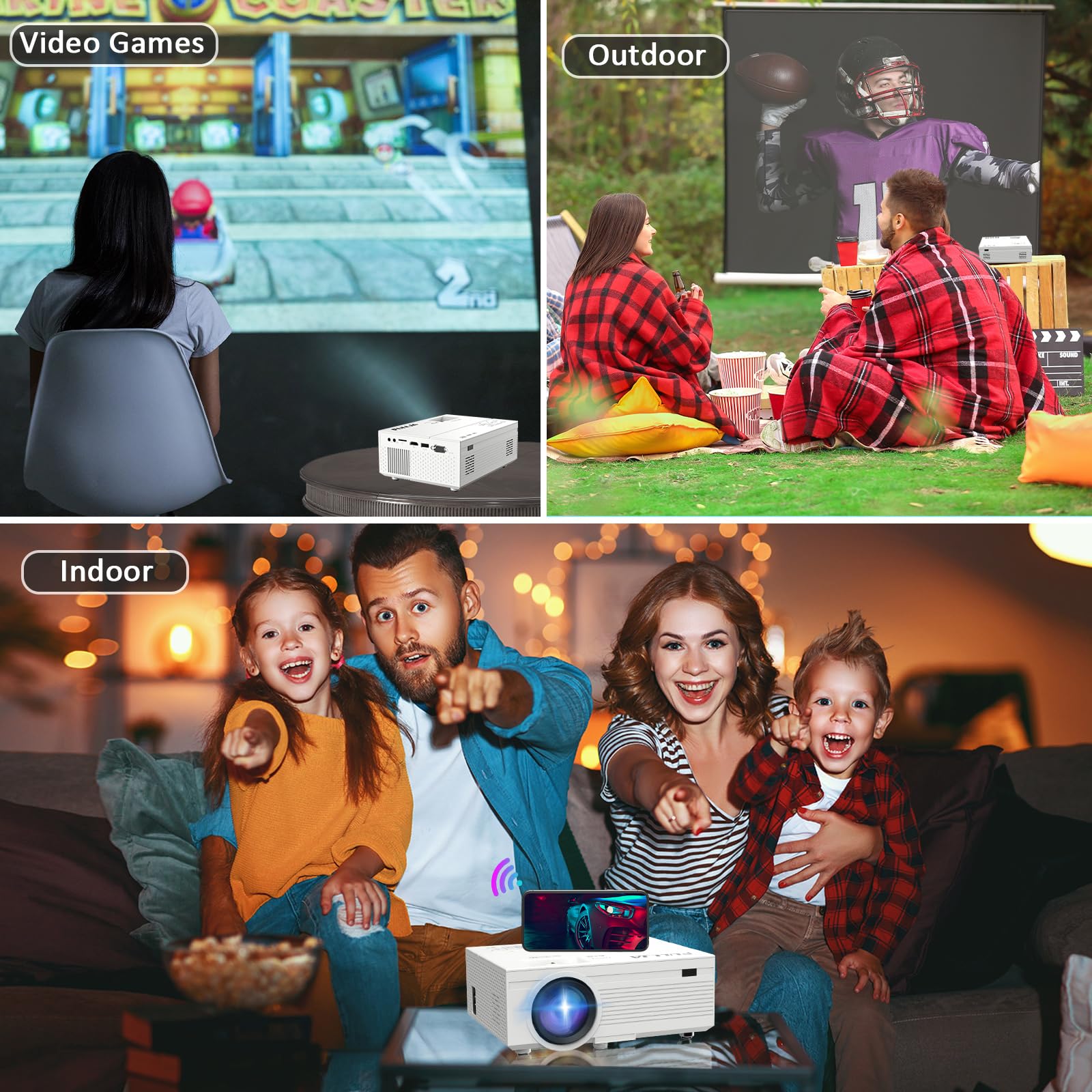 WiFi and Bluetooth Mini Projector - Video Projection Screen for Home Theater Movie Projector, HD 1080P Portable Home Theater Movie Projector Compatible with HDMI, TV Stick, PS4, USB, AV, PC, Phone