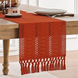 ZeeMart Macrame Style Boho Table Runner, Burnt Ochre Fall Table Runners 72 Inches Long, Farmhouse Woven Home Decor, 12x72 Inch, Dark Orange