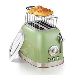 toaster retro 2 slice, vintage toaster, green toaster, with stainless steel lid, with bread attachment, preheat, defrost and cancel functions, 6 browning levels (green)