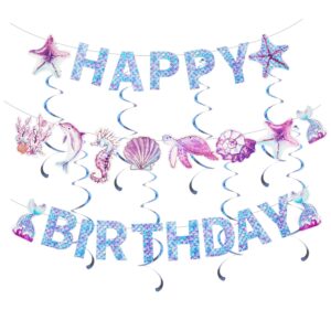 mermaid happy birthday banner, colorful mermaid birthday decorations happy birthday banner set apply to party favor supplies decorations
