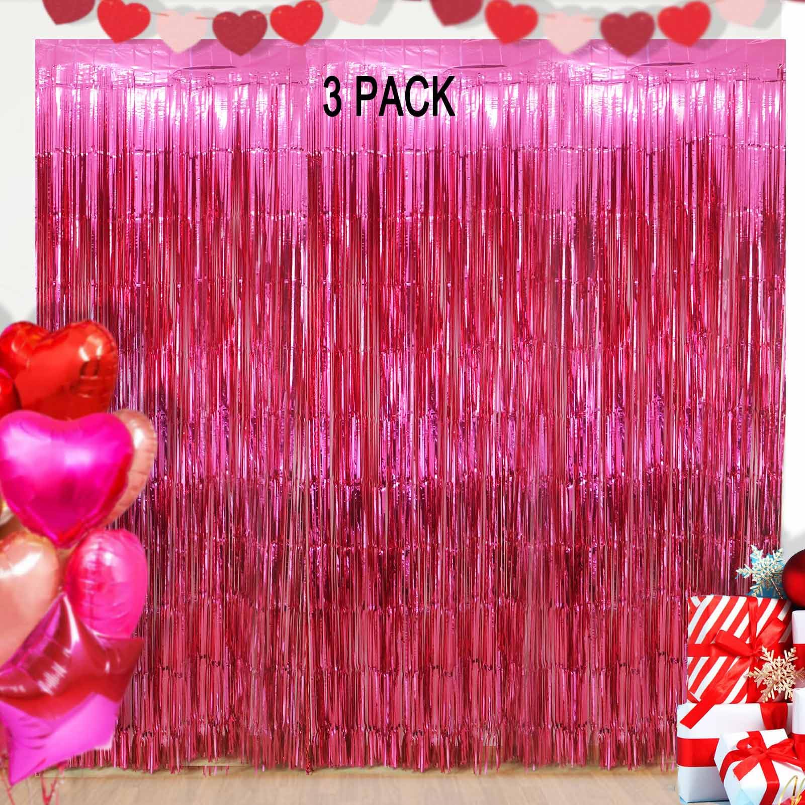 EUFARS Hot Pink Fringe Backdrop for Hot Pink Birthday Party Decorations - 3Pack Hot Pink Foil Fringe Curtains for Barbie Birthday Party Mother's Day Backdrop Decorations