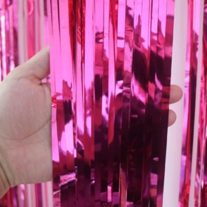 EUFARS Hot Pink Fringe Backdrop for Hot Pink Birthday Party Decorations - 3Pack Hot Pink Foil Fringe Curtains for Barbie Birthday Party Mother's Day Backdrop Decorations