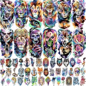 vantaty 55 sheets 3d watercolor temporary tattoos for women men adults arm, tiger lion skull skeleton fake tattoos that look real and long lasting colorful halloween wolf rose flower temp tattoo stickers for kids teens