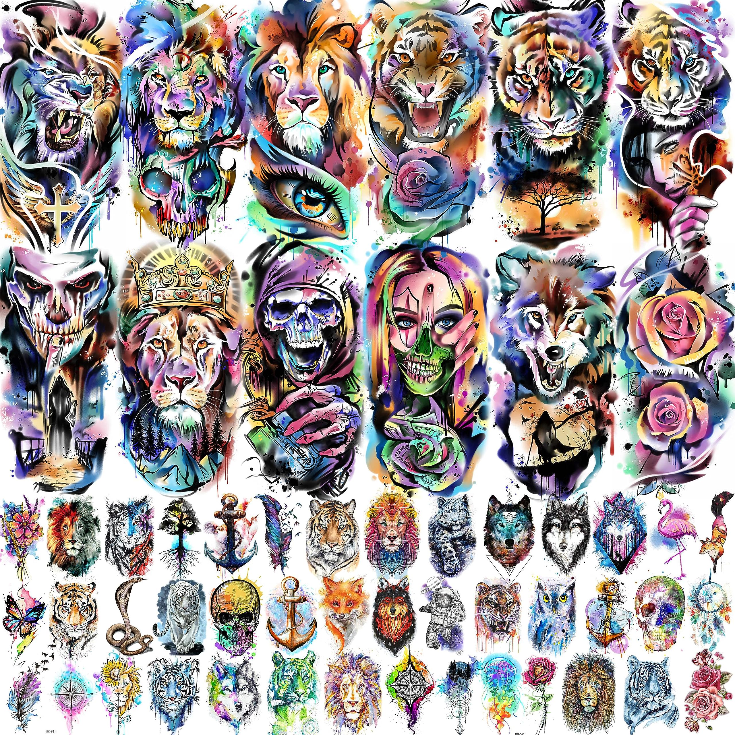 VANTATY 55 Sheets 3D Watercolor Temporary Tattoos For Women Men Adults Arm, Tiger Lion Skull Skeleton Fake Tattoos That Look Real And Long Lasting Colorful Halloween Wolf Rose Flower Temp Tattoo Stickers For Kids Teens