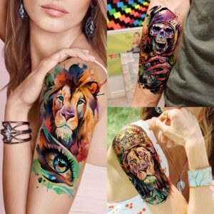 VANTATY 55 Sheets 3D Watercolor Temporary Tattoos For Women Men Adults Arm, Tiger Lion Skull Skeleton Fake Tattoos That Look Real And Long Lasting Colorful Halloween Wolf Rose Flower Temp Tattoo Stickers For Kids Teens