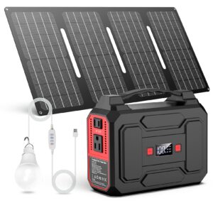 apowking 146wh portable power bank with ac outlet & 40w foldable solar panel & 5 watts usb led light bulb, portable power station for camping, home emergency, traveling, rv trip