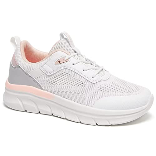 XPACS Womens Comfortable Arch Support Walking Sneakers, Breathable Lace Up Running Shoes for Women, Casual Non-Slip Sneakers for Outdoor Activities Ocassion Pink White Size 10