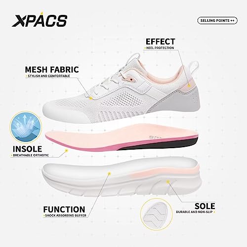 XPACS Womens Comfortable Arch Support Walking Sneakers, Breathable Lace Up Running Shoes for Women, Casual Non-Slip Sneakers for Outdoor Activities Ocassion Pink White Size 10