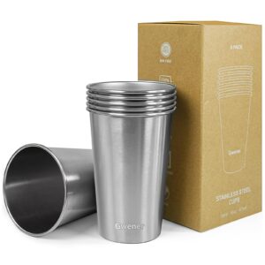 gwener stainless steel cups, premium metal 16 oz pint tumbler stackable metal drinking glasses for adults or kids travel outdoor camping(16 oz/ 473 ml)