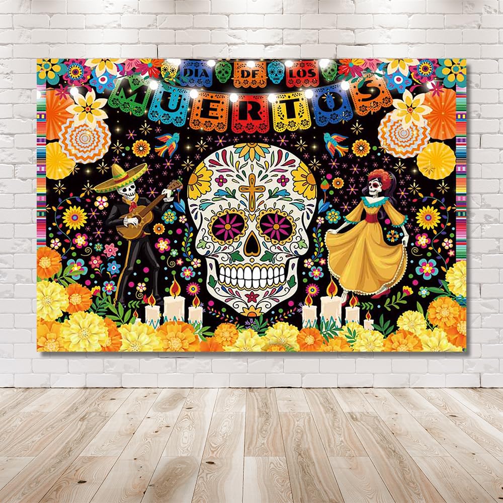 MEHOFOND 7x5ft Day of The Dead Backdrop for Mexican Fiesta Dia De Los Muertos Birthday Party Decorations Banner Sugar Skull Flower Photography Background Paper Cutting Photo Props