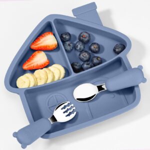 tinyhalo 3pcs silicone toddler feeding set, divided suction plate with fork and spoon, food grade silicone tableware for children, bpa free, strong suction & dishwasher friendly (wind)…