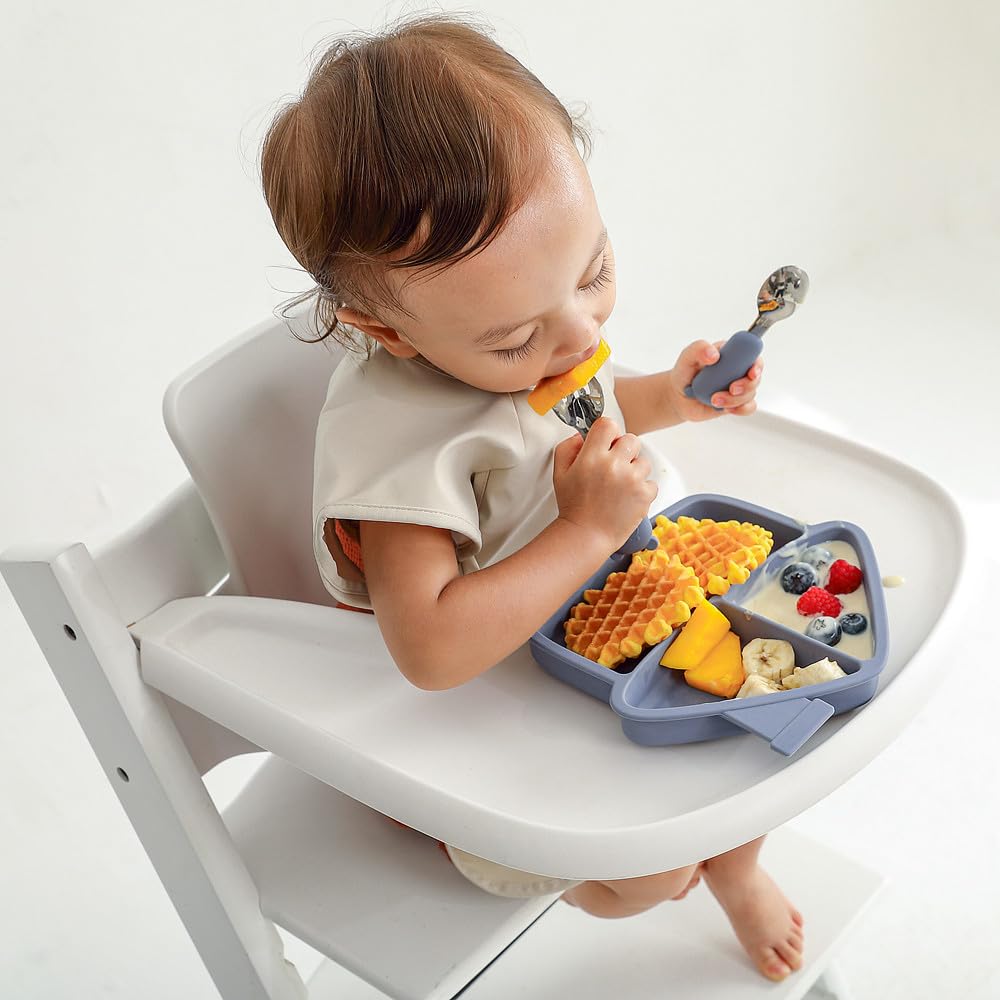 TinyHalo 3pcs Silicone Toddler Feeding Set, Divided Suction Plate with Fork and Spoon, Food Grade Silicone Tableware for Children, BPA Free, Strong Suction & Dishwasher Friendly (Wind)…