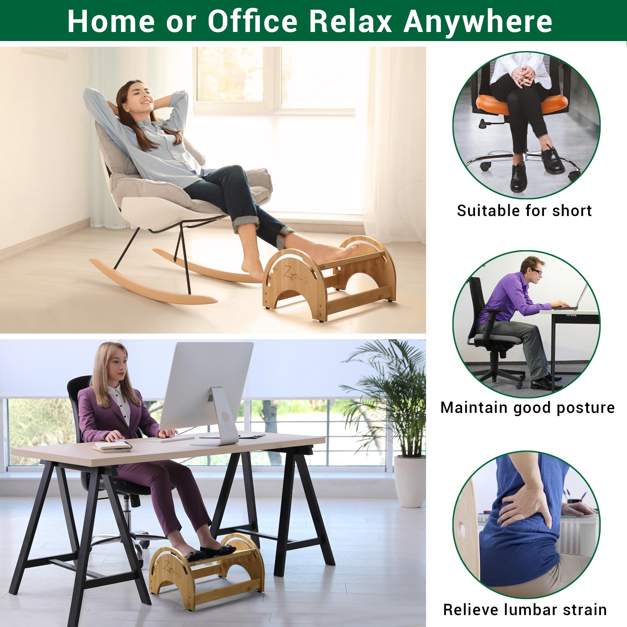 Zyn works Adjustable Foot Stool Under Desk with Massage Roller - Foot Rest Under Desk for Office and Work from Home - Foot Stool for Back Support and Pain Relief for Men and Women