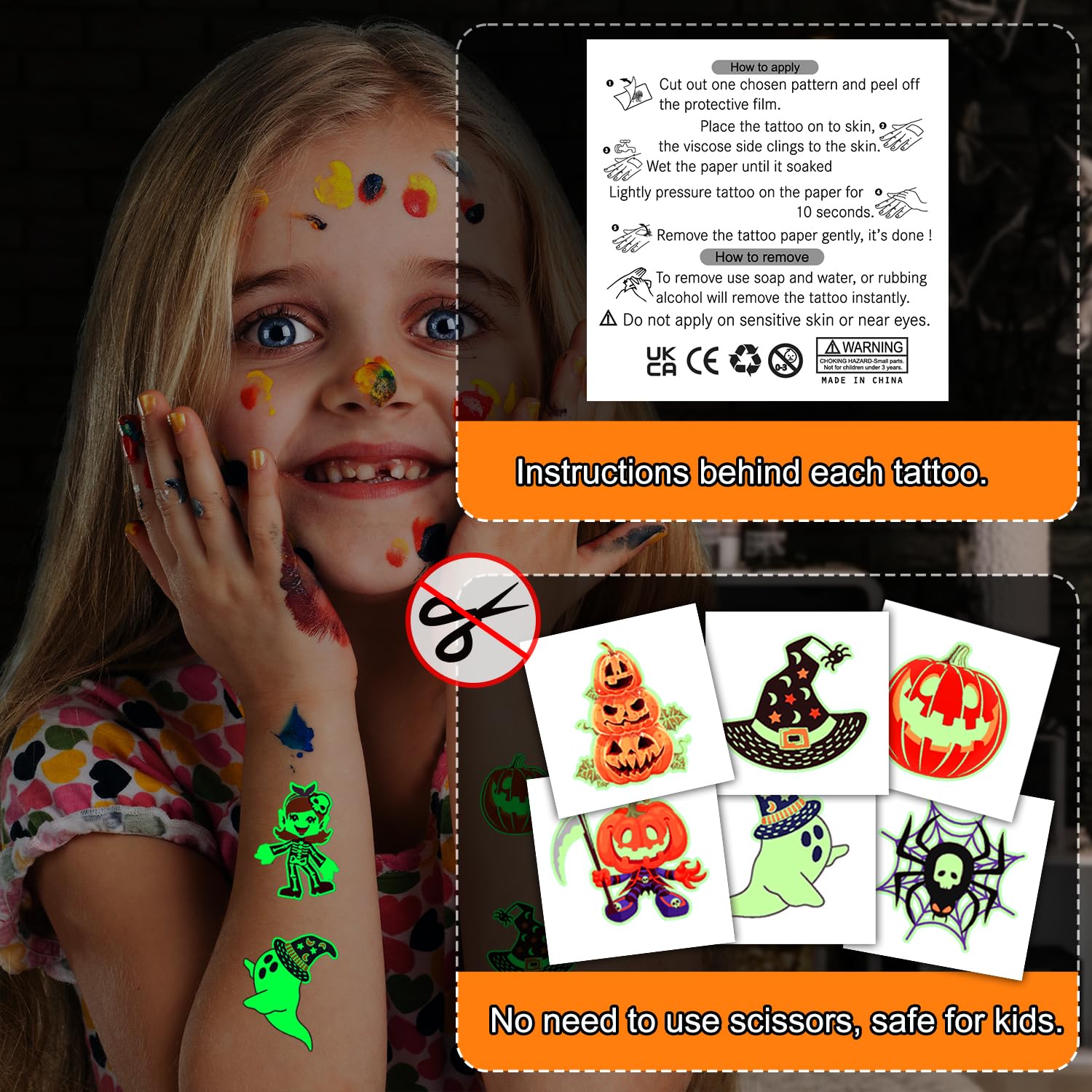 Luminous Halloween Temporary Tattoos for kids, Glow in Dark Tattoos Halloween Party Favors Individually Wrapped Sheets, Birthday Party Decorations Supplies, Halloween Gifts Goodie Bag Fillers