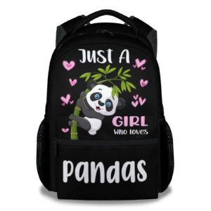 mercuryelf panda backpack for girls, 16 inch black just a girl who loves pandas backpacks for school, cute lightweight bookbag for kids