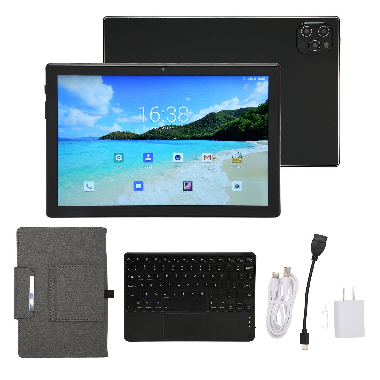 HD Tablet, 10.1in FHD Octa Core CPU 2 Card Slots Gaming Tablet 8GB RAM 256GB ROM with Keyboard for Travel (US Plug)