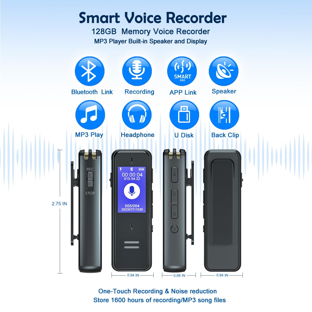 128GB Voice Recorder,Smart Recording Device with Phone APP One-Touch Recording,Capacity is 1600 Hrs Voice Recorder with Playback, Audio Recorder for Lectures, Meetings, Cars, Interviews,Class (128GB)