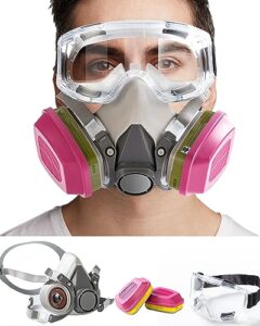 reusable respirator mask, chemical respirator half facepiece with anti-fog safety goggle set against dust/organic vapors/chemical/particle/pollen for painting, sanding work