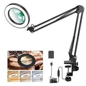 magnifying glass with light toolour 5x&10x magnifying glass light with 26in long arm, 3 colors dimming magnifying desk lamp, lighted magnifier glass for jewelry close work reading hobby craft