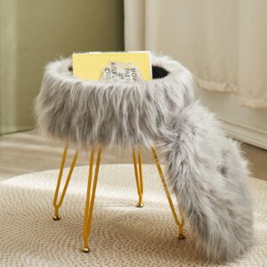 alessing grey vanity stool chair with storage, faux fur storage ottoman furry makeup stool, fuzzy footrest footstools with 4 metal legs & wood grain pallet for living room bedroom entryway