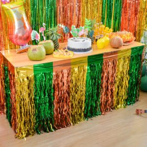 lolstar hawaiian luau party decorations 2pack green brown and yellow wavy metallic tinsel foil fringe table skirt for rectangle and round table,perfect decor for summer beach party tropical themed