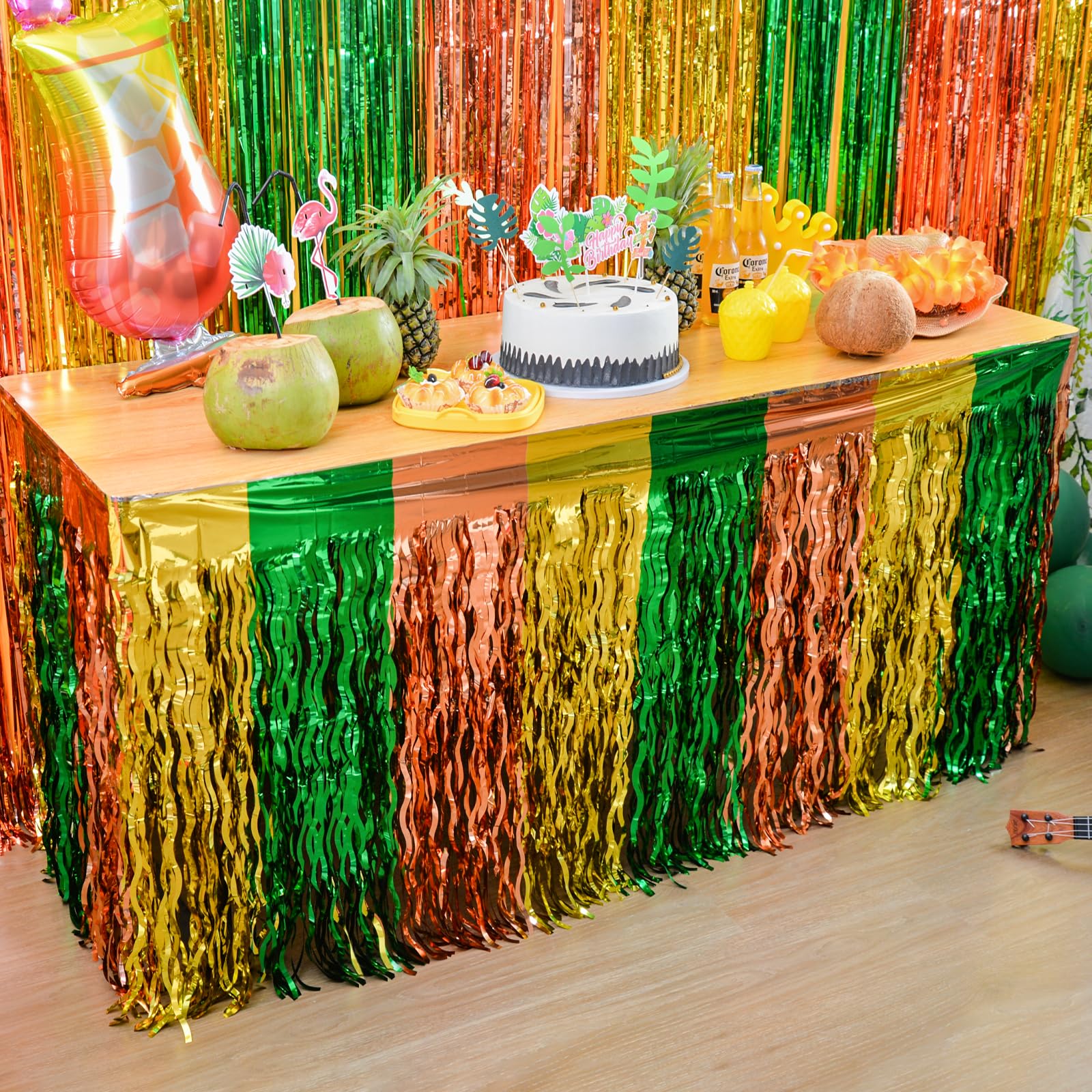 LOLStar Hawaiian Luau Party Decorations 2Pack Green Brown and Yellow Wavy Metallic Tinsel Foil Fringe Table Skirt for Rectangle and Round Table,Perfect Decor for Summer Beach Party Tropical Themed