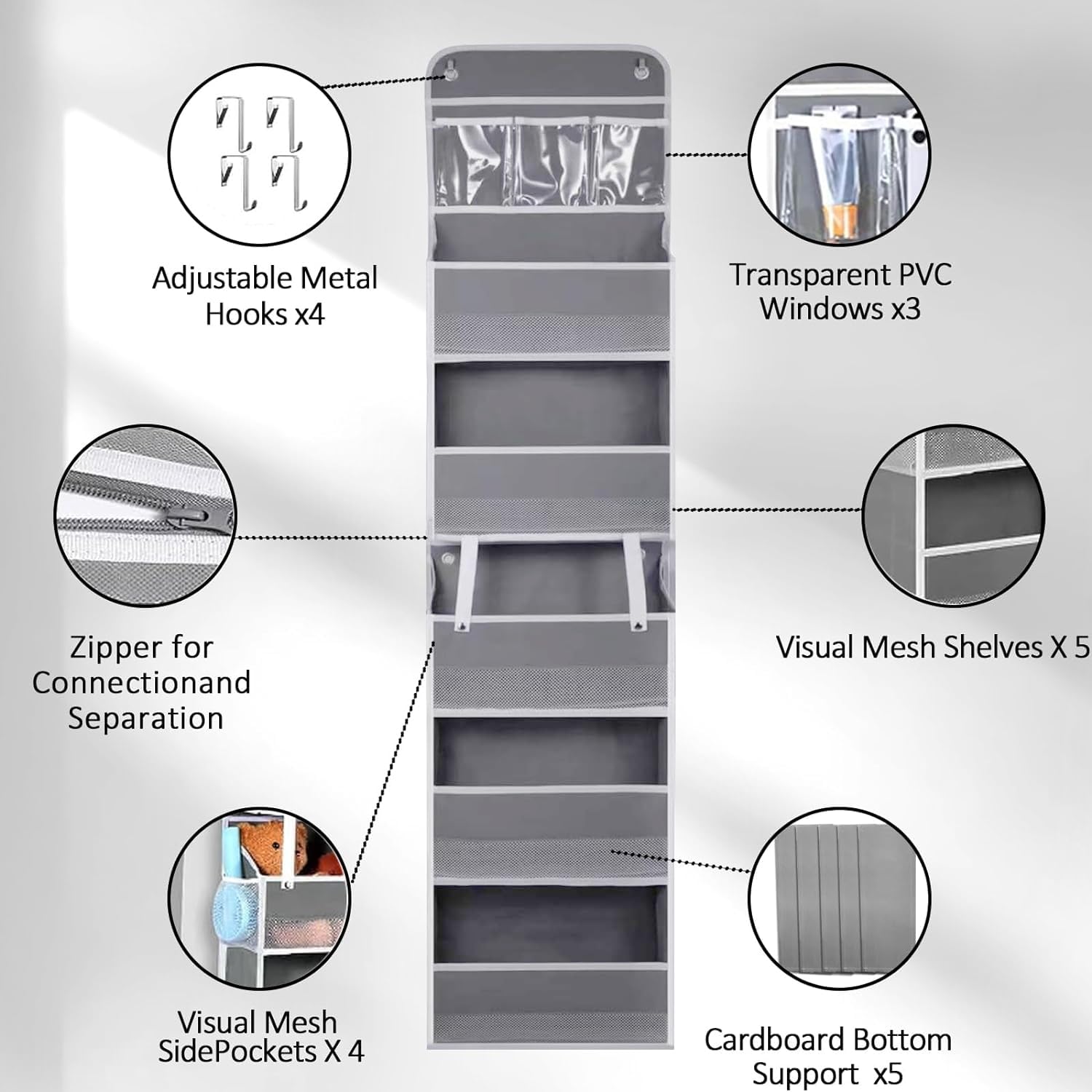 HSD Houseware Baby Organizer for Nursery, Separable 2-in-1 Over the Door Organizer Bathroom with 5 Shelves 4 Side Pockets 3 PVC Pockets, Door Organizer Hanging Bedroom Pantry (Dark Grey)