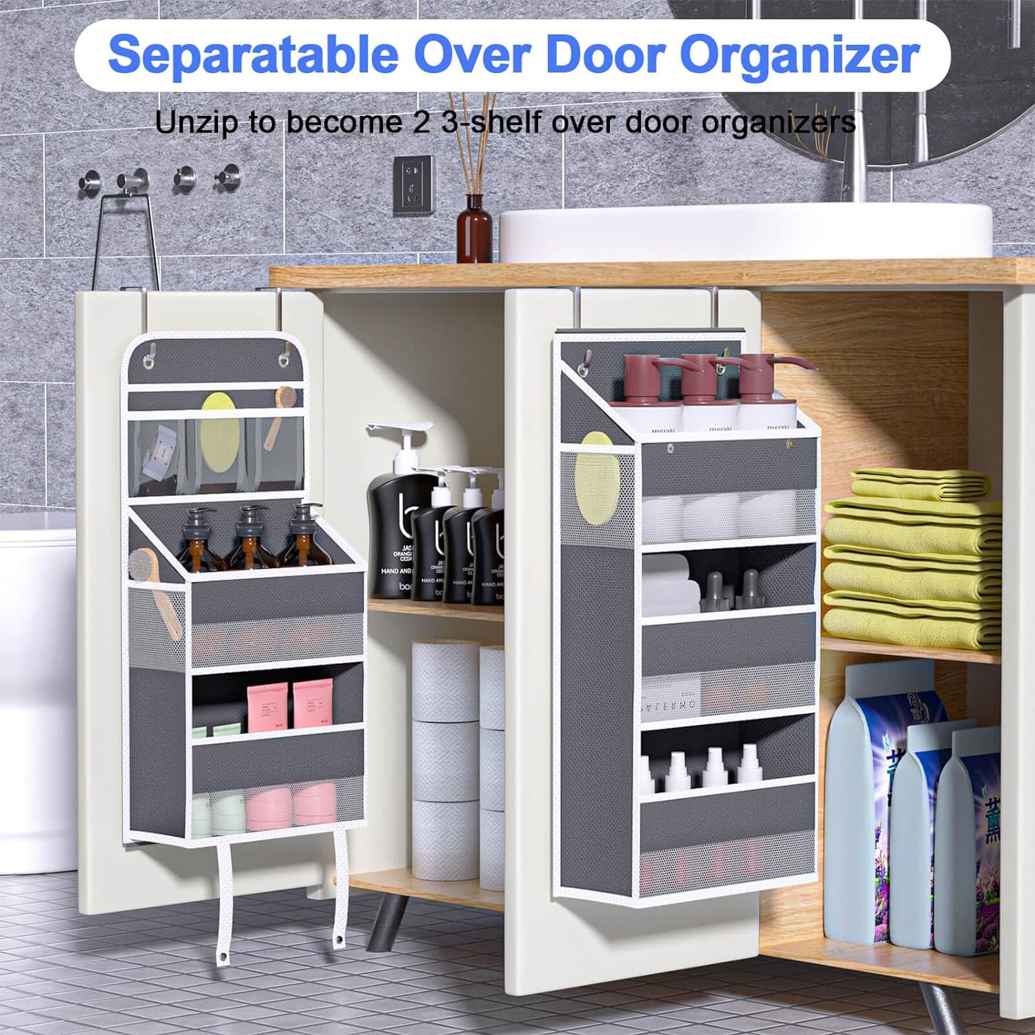 HSD Houseware Baby Organizer for Nursery, Separable 2-in-1 Over the Door Organizer Bathroom with 5 Shelves 4 Side Pockets 3 PVC Pockets, Door Organizer Hanging Bedroom Pantry (Dark Grey)